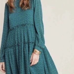 Maeve by Anthropologie Women's Green Long Sleeve Tiered Tunic Dress‎ Size S